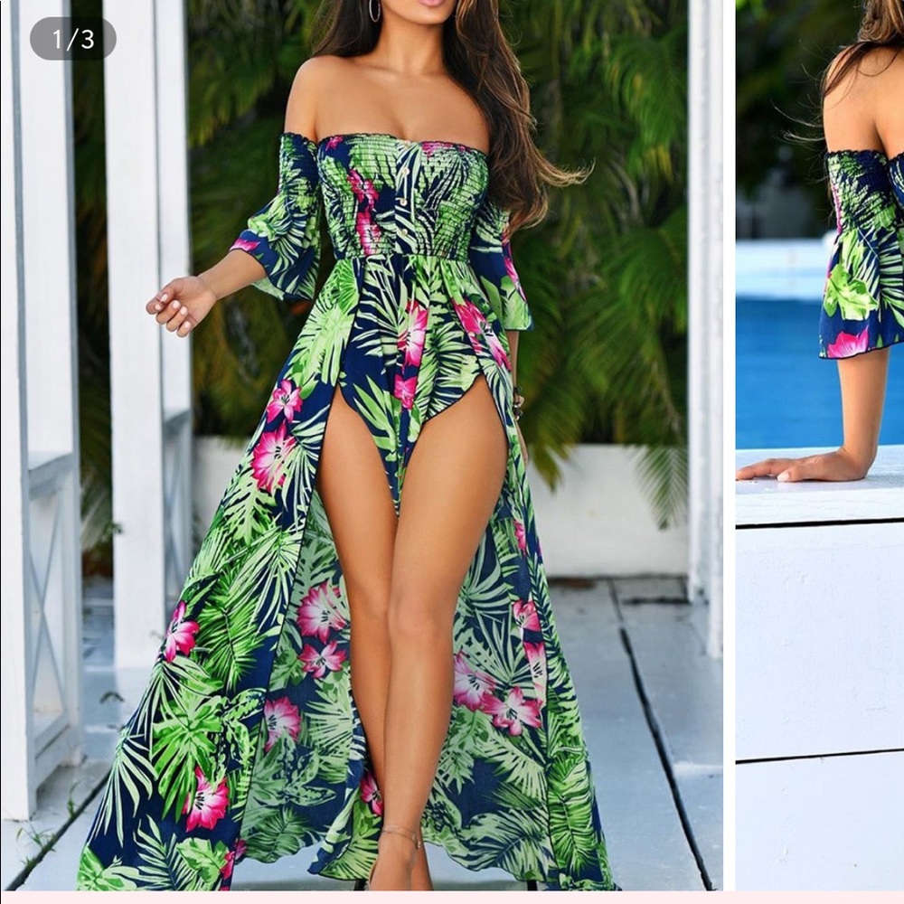 Tropical high slit ruched maxi dress